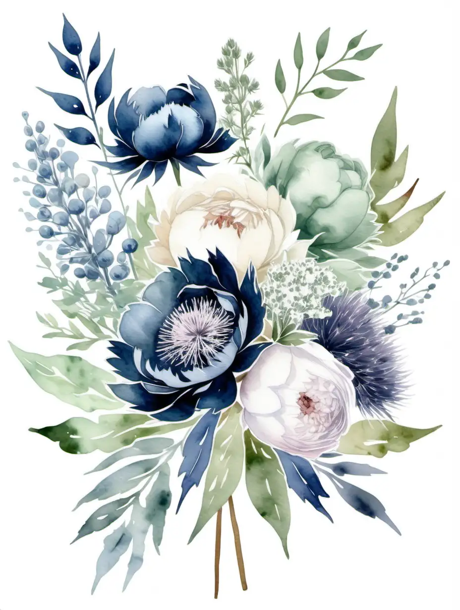Elegant Watercolor Floral Bouquet with Peonies Roses and Thistles