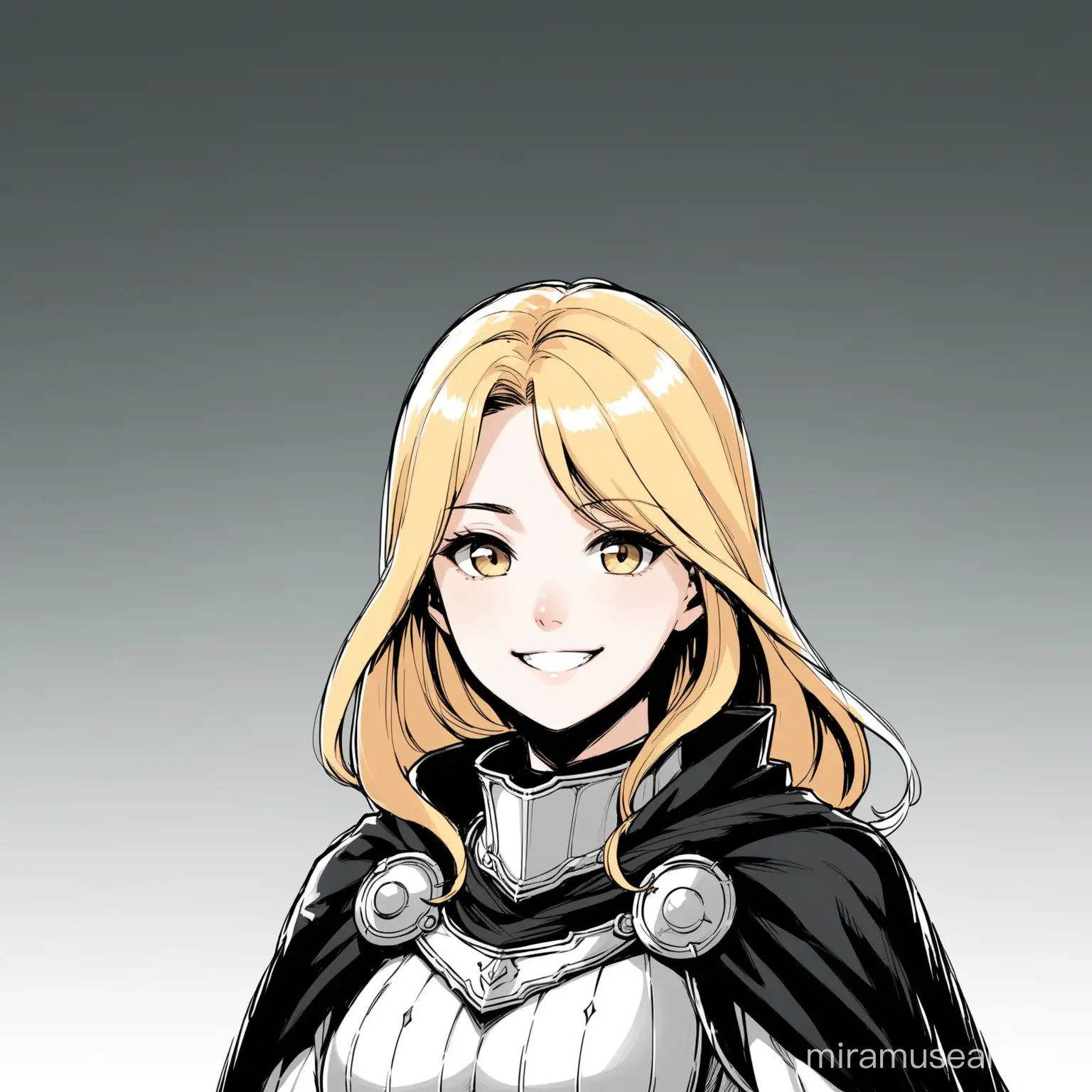 A smiling blonde woman wearing black and white light armor and cape against a black and white background; Korean webtoon style