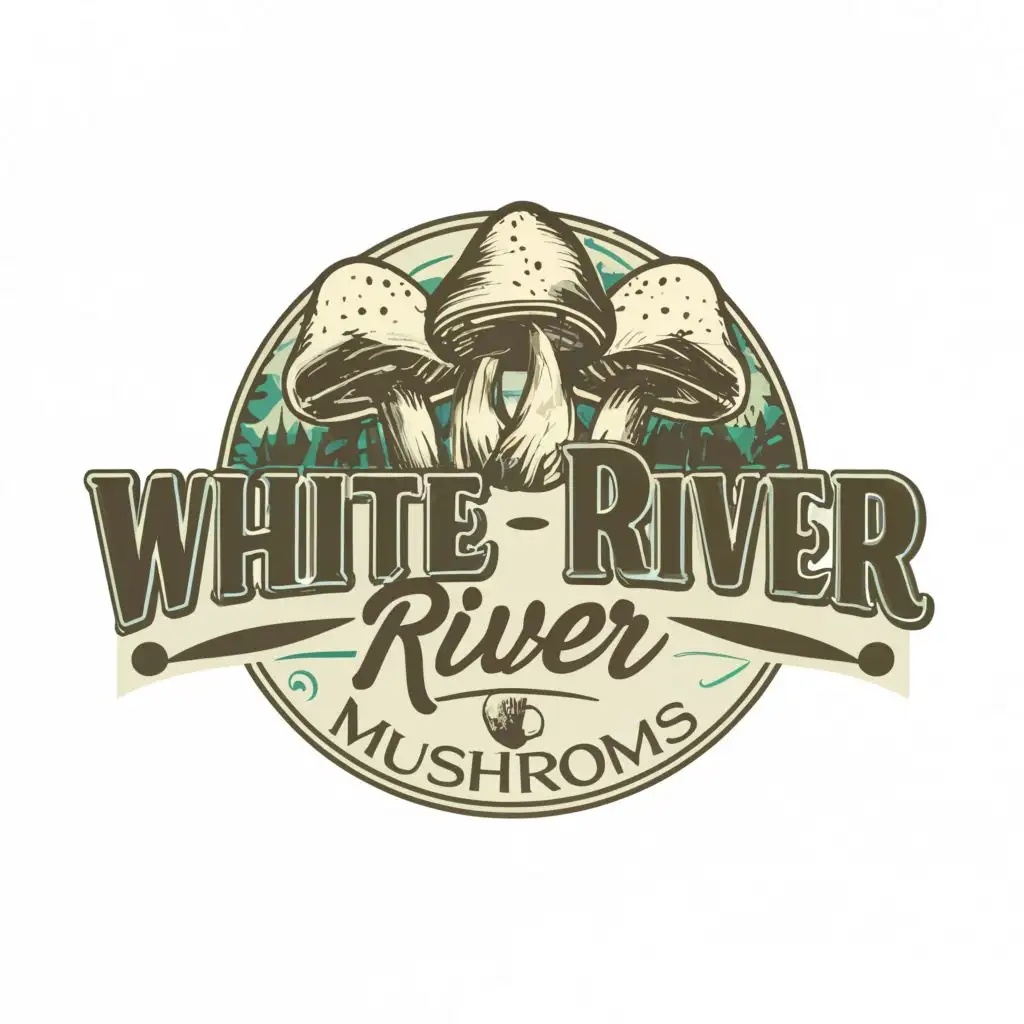 logo, mushrooms river, with the text "White River Mushrooms", typography