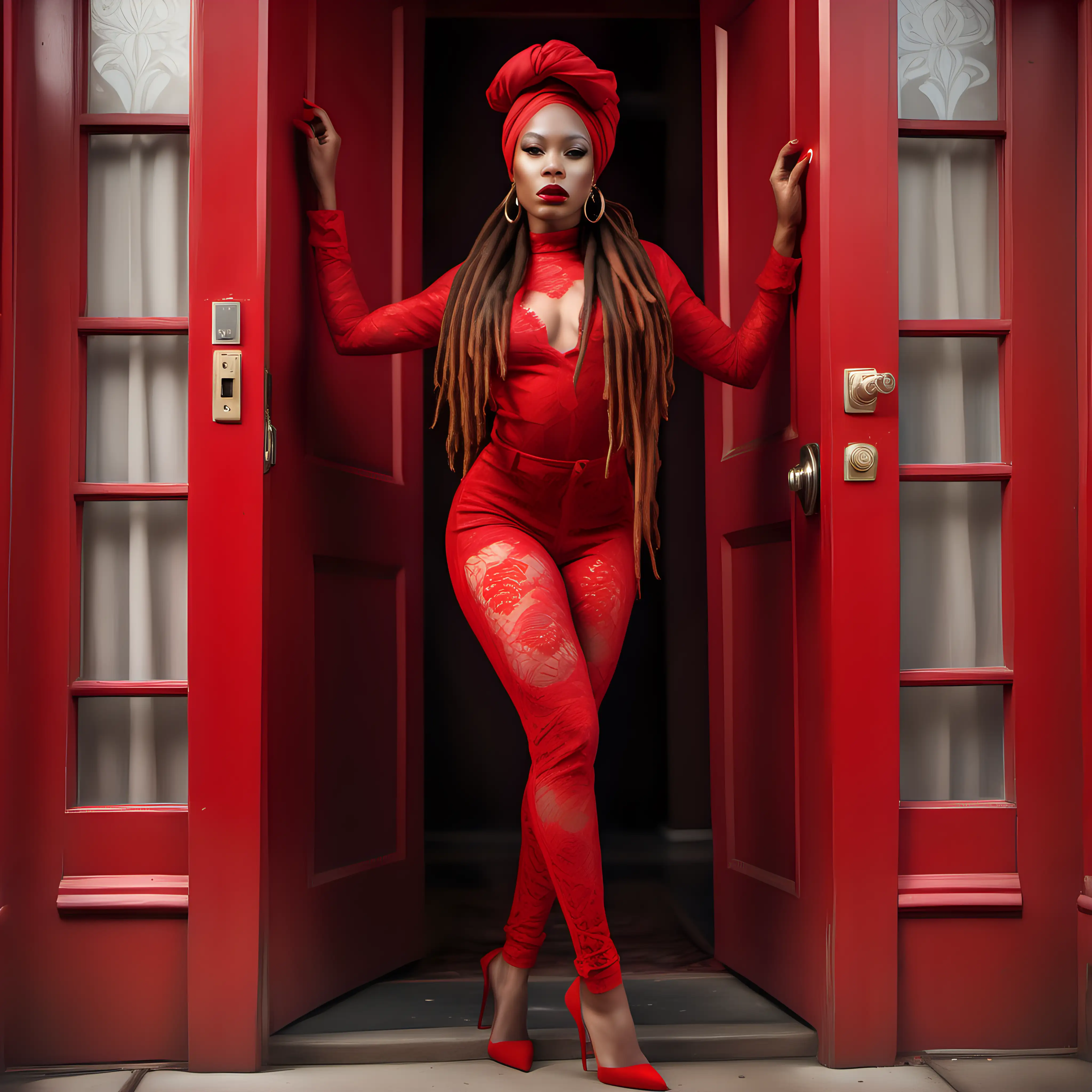 Create a full body view hyper realistic image of an African American woman  long dreadlocks  with red head wrap , brown eyes with flawless makeup, gold hoop earrings red lipstick and red nails , dressed in a red lace bodysuit band red heels standing in a red doorway 
