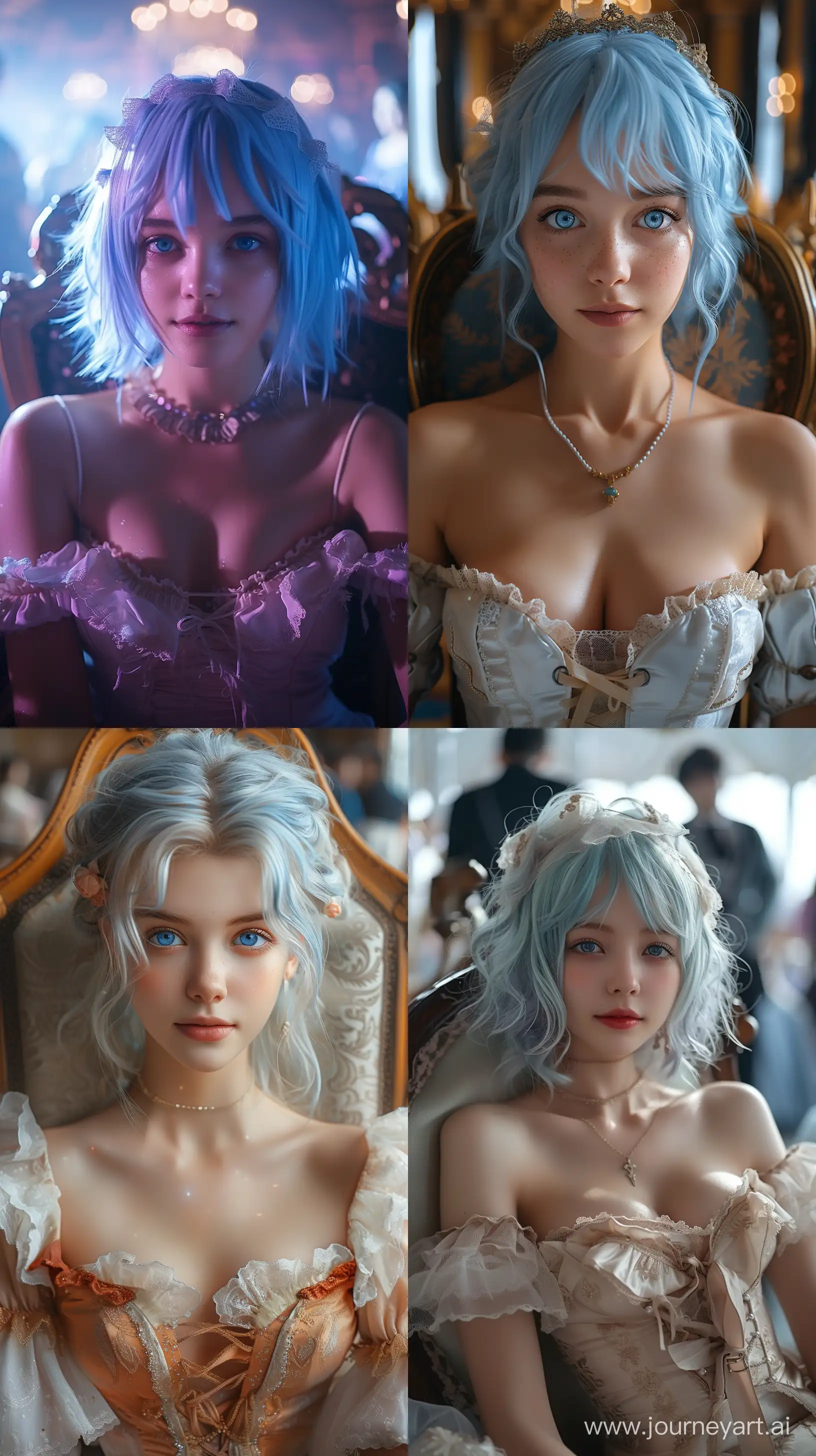 A close-up phone of a beautiful, wonderful, gentle, very cute and bright white girl, with blue hair, scattered hair, blue eyes, wearing a Victorian dress, sitting in a chair at a party at a palace. --ar 9:16 --s 500 --style raw --v 6