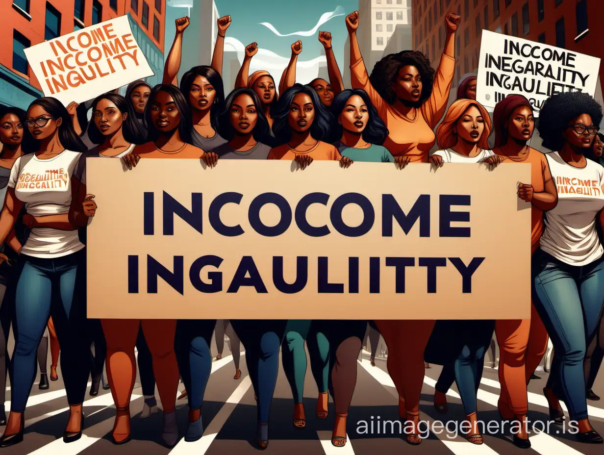 "Create a captivating digital illustration featuring a diverse group of empowered and beautiful women holding a prominently displayed board that reads 'Income Inequality.' Surround the scene with a powerful and dynamic protest setting, showcasing the strength and unity of these women as they advocate for change. Capture the essence of their passion and determination to address the pressing issue of income inequality through your artistic interpretation."