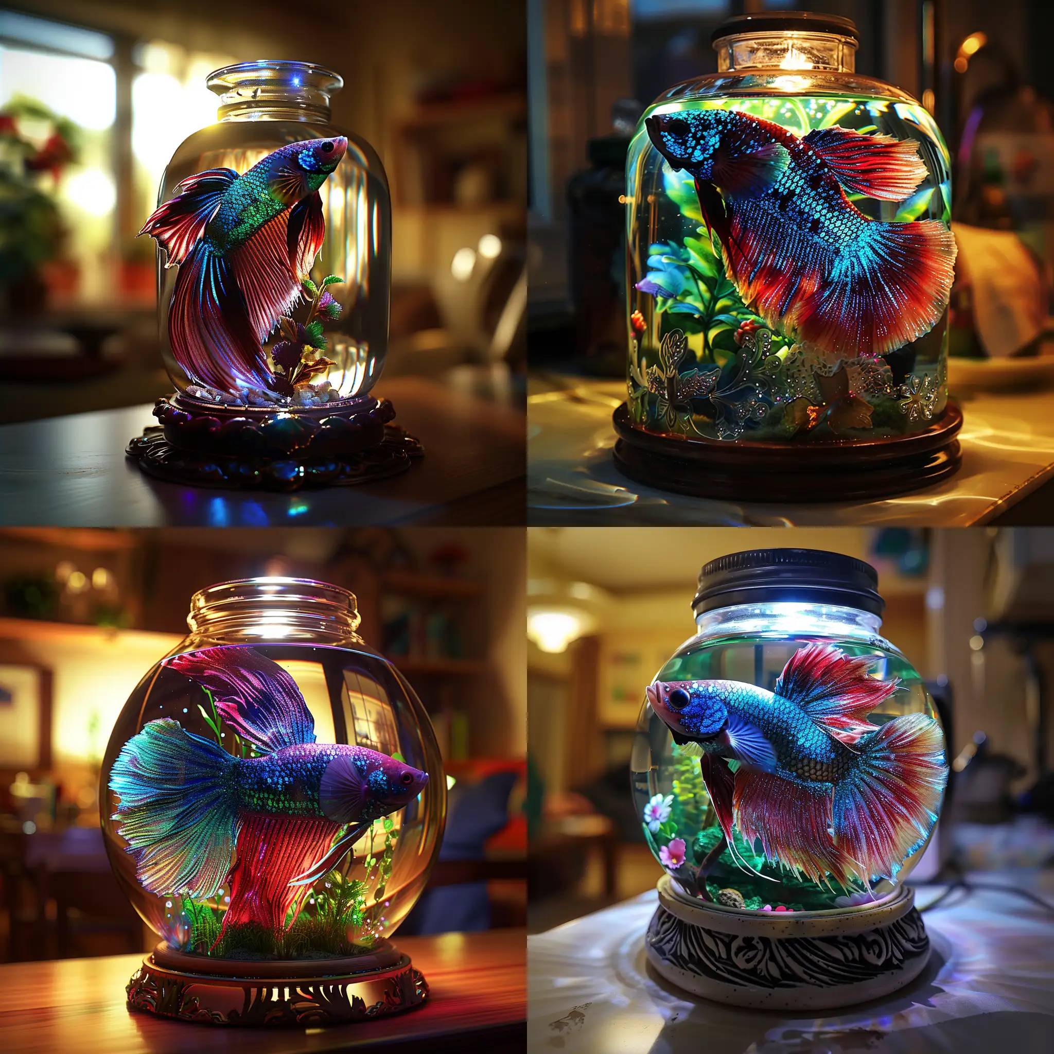 Hyper realistic A stunning beautiful Betta splendens fish in an fairy rounded little forest aquascape with shine bright rich color scheme metallic glitter blue red green purple tosca chameleon colors in underwater island inside round LED glass jar with glass carving floral decorative ornament. standing at counter top,blink blink dot light effect, Cinematic, very realistic, very natural, Ultra-high detail, body full-length. Background calm and warm cozy room.