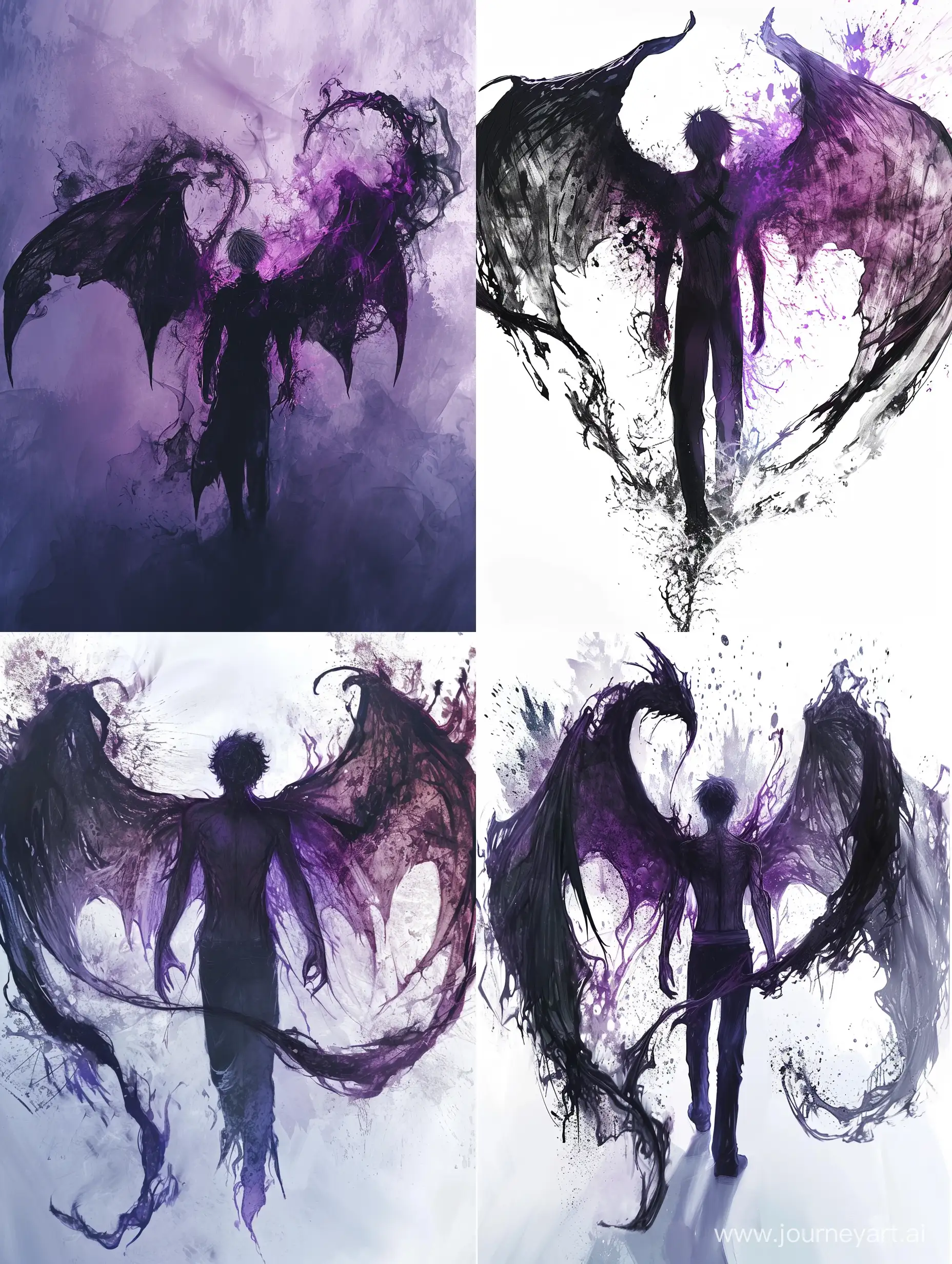 мужчина с крыльями сзади темного цвета с фиолетовым отливом(крылья похожи на кагуне из аниме токийский гуль) мужчина также состоит из теневой энергии