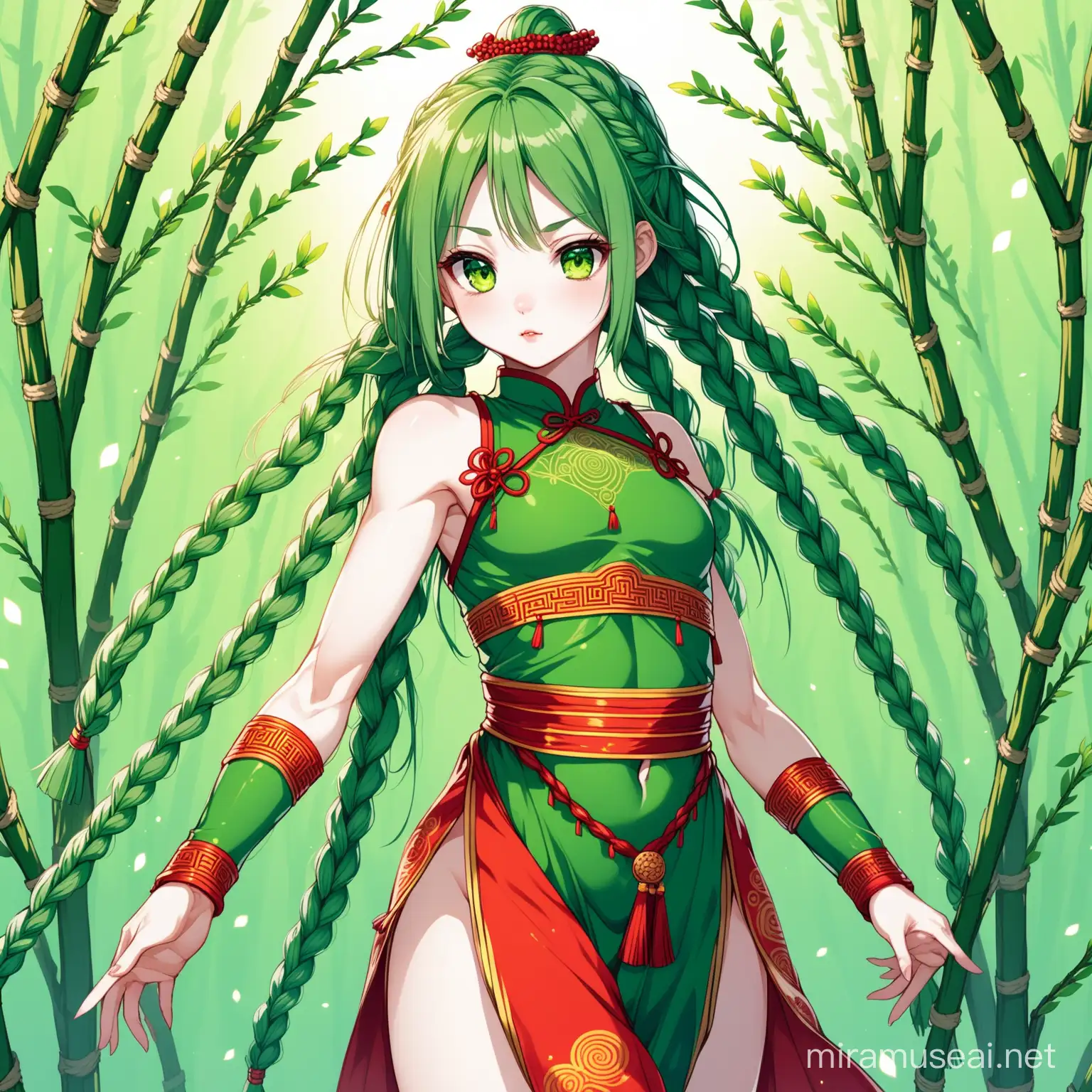 a young girl with pale skin, anime style, dressed like a chinese ritual dancer, cute, big dark green eyes, green hair braided into tens of small braids looking like willow branches, surprisingly muscular