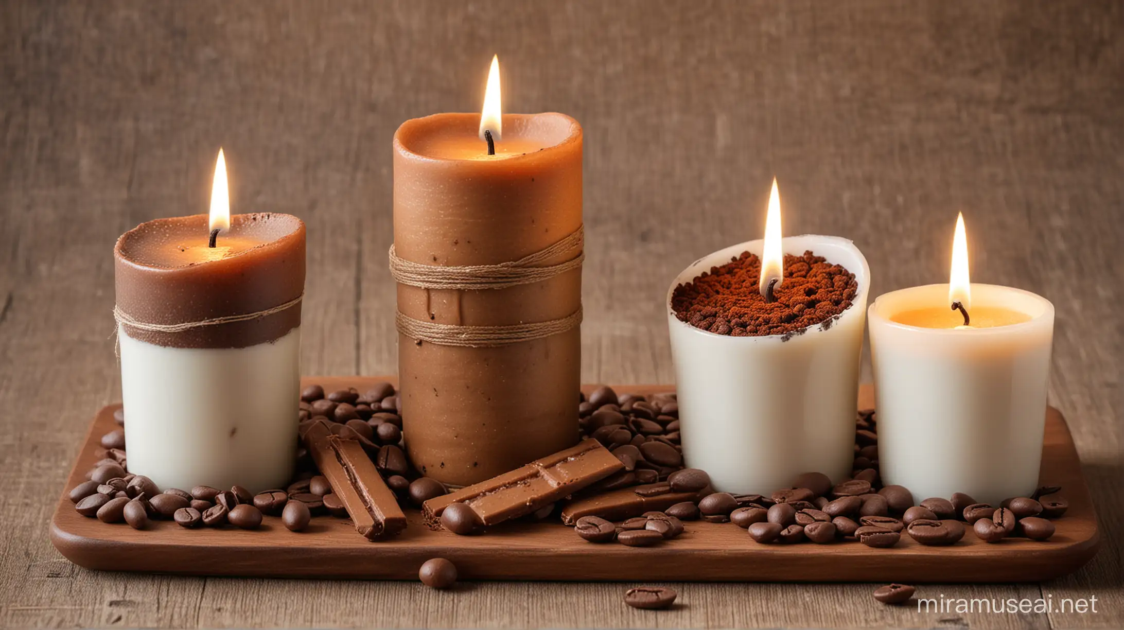 Varias Velas artesanales aromaticas, hechos de borra de cafe, granos de cafe, granos de chocolate, taza de cafe, tableta de chocolate