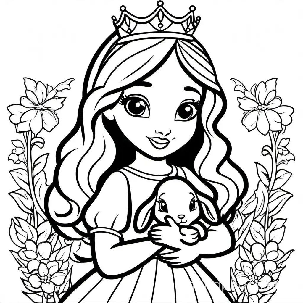 generate me an image of a princess holding a bunny full picture, Coloring Page, black and white, line art, white background, Simplicity, Ample White Space. The background of the coloring page is plain white to make it easy for young children to color within the lines. The outlines of all the subjects are easy to distinguish, making it simple for kids to color without too much difficulty
