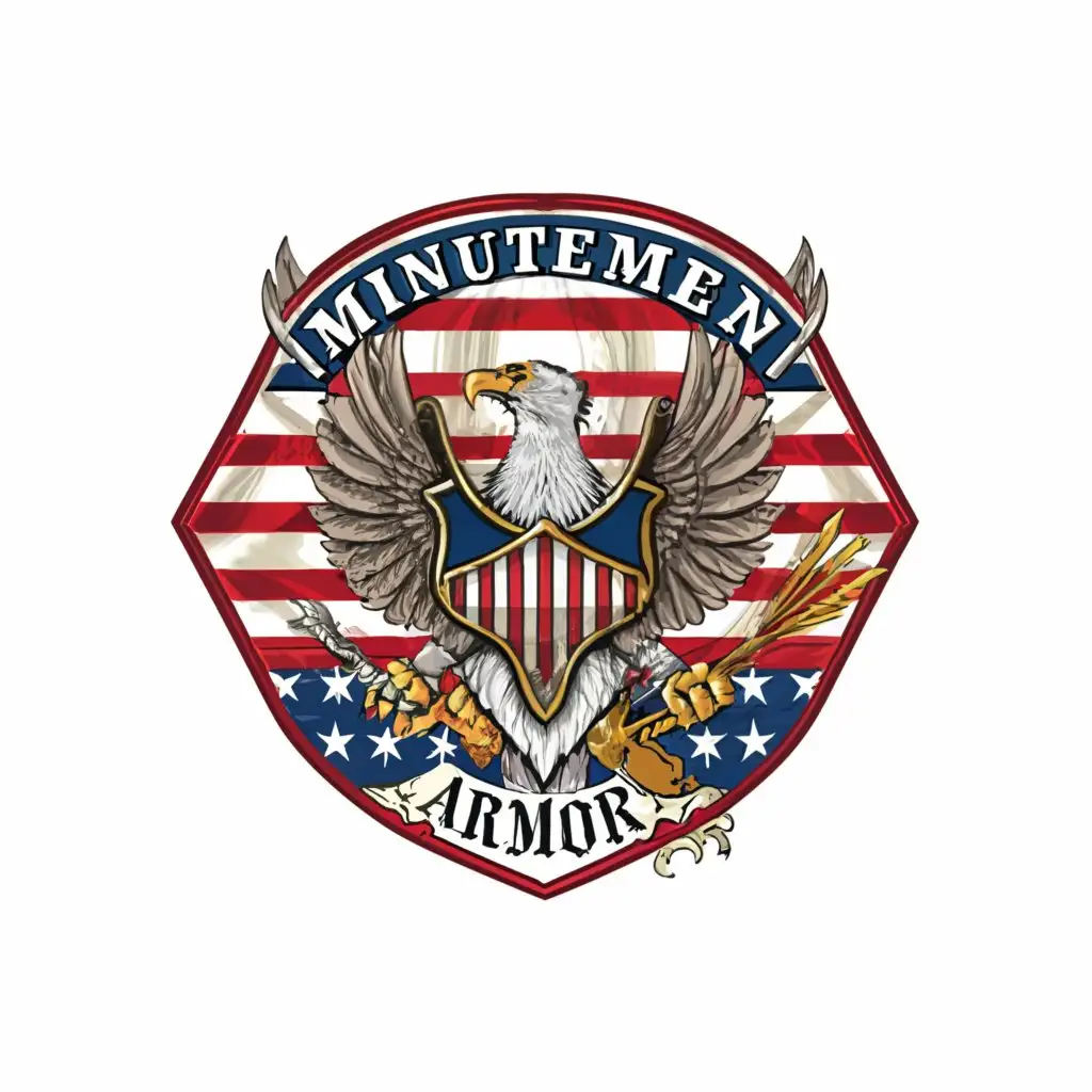 a logo design,with the text "minutemen armor", main symbol:Patriot, flag, color:red, white, blue,complex,clear background