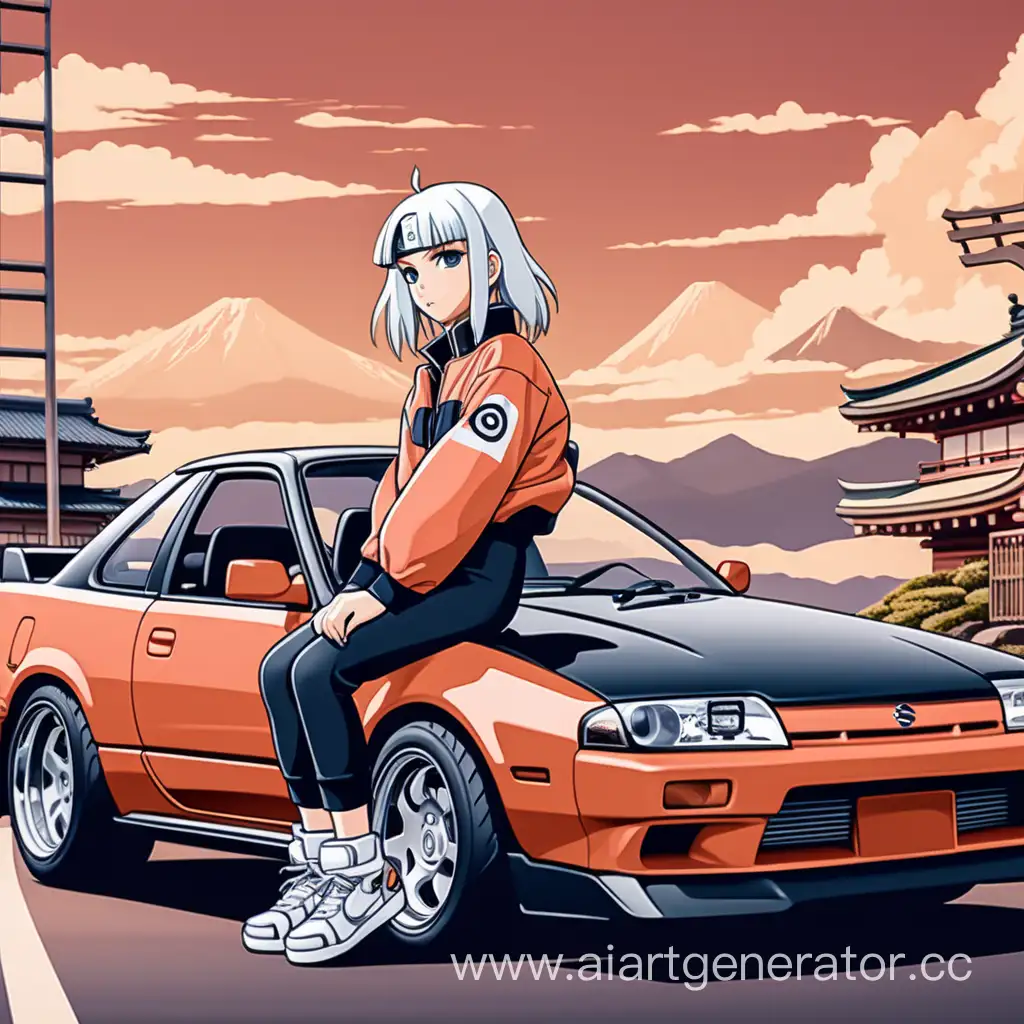 Сгенерируй изображение в стиле аниме, девушка из аниме Наруто которая сидит на Nissan Silvia 200sx в стиле японских плакатов, чтобы машина была вдали
