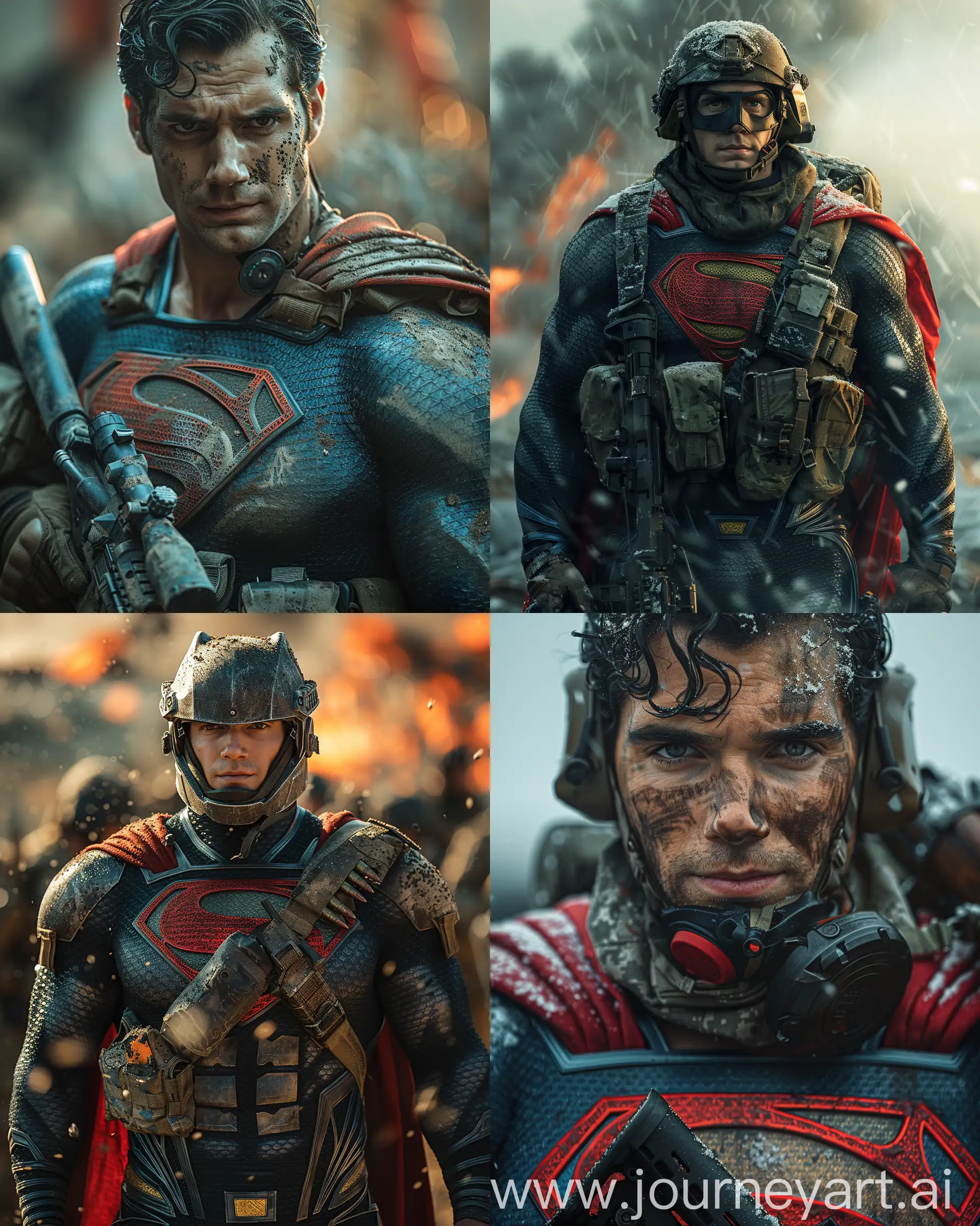 mid Angle Shot: Superman from the Justice League movie 2021 wearing full superman special forces military soldier uniform from Call of Duty black ops film with a gas mask,  helmet, bulletproof and advanced M16A2 5.56 Rifle weapons, warzone, superman stand still film by Zack Snyder, UHD 8K --v 6.0 --style raw --ar 4:5 --s 750

