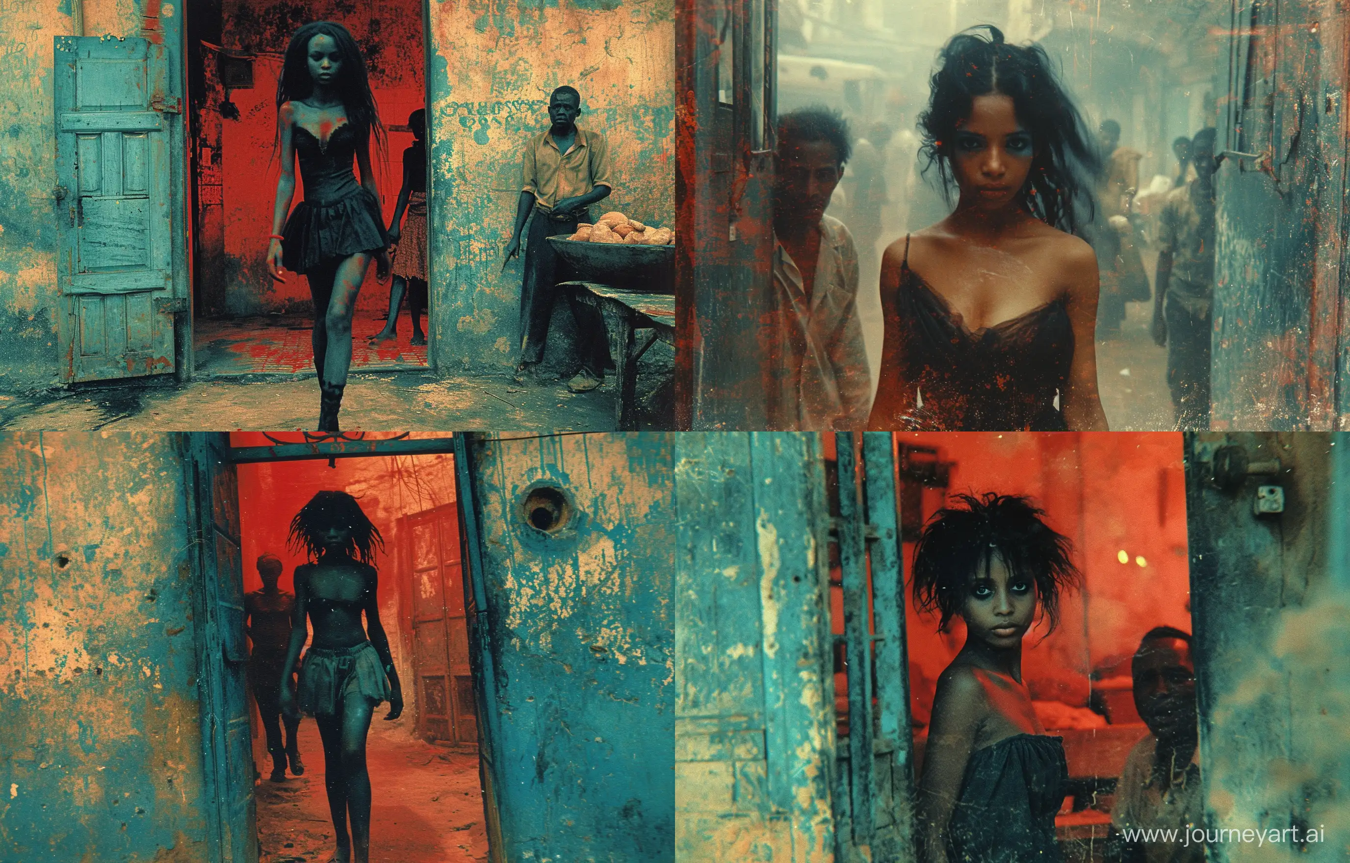 A photo taken in 1998 that shows an ethiopian goth girl going to the bakery to buy bread for her hungry mother, she is walking through the door in slow motion, very confident of herself and the baker is looking at her with acute fear.The quality of the scene is clearly grainy and has intense tones of red and blue.The camera angle is a little smaller. --v 6 --ar 14:9 --style raw --stylize 1000