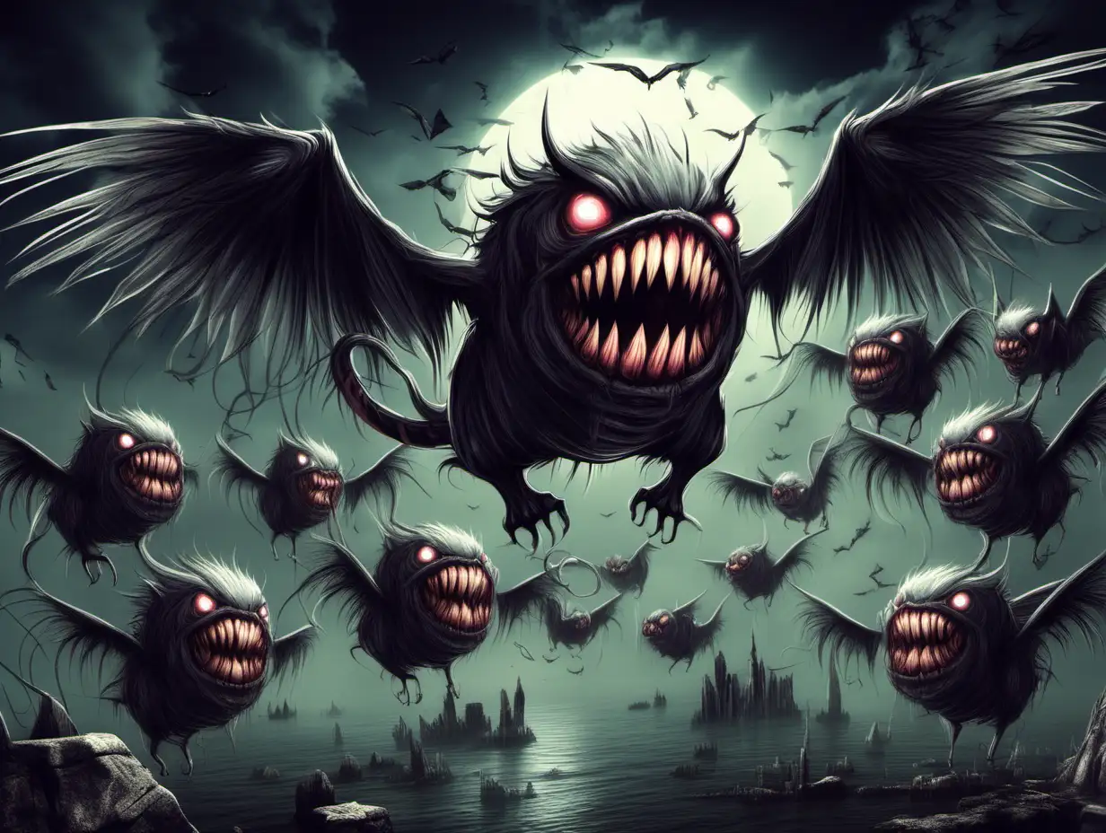 ball beasts with wings and teeth night horror fantasy