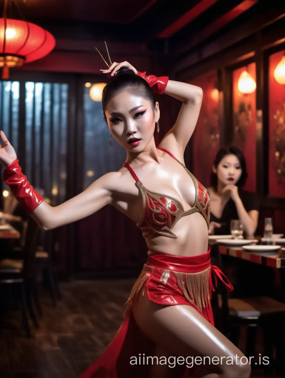 a good looking asian female dancer perform catastrophe to all, light makeup, great glamour, glimpsing sexy, in mysterious restaurant, why perform it?
