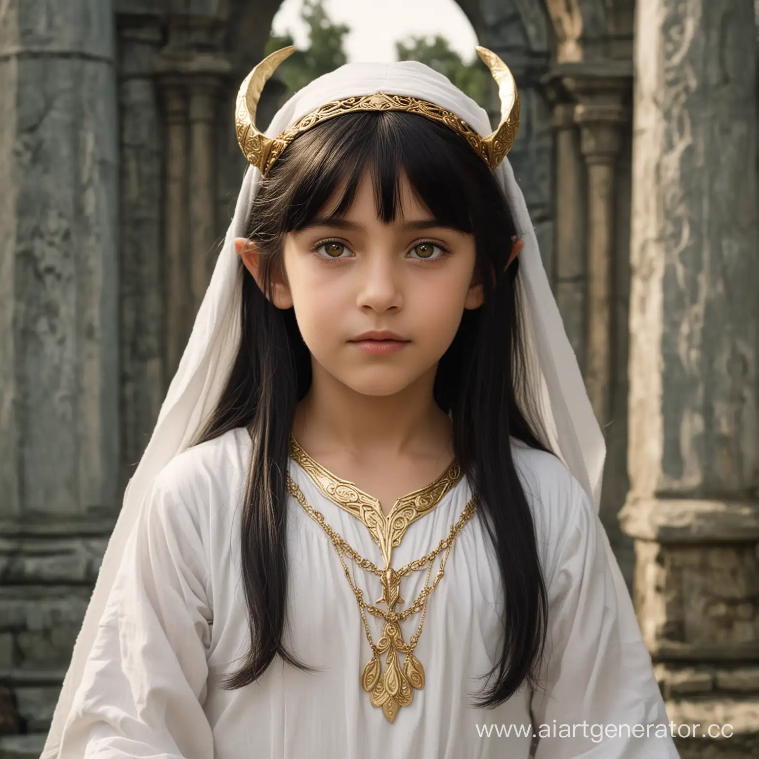 черноволосая девочка 8-ми лет, золотые глаза, белые одежды, эльфийские уши, выглядит так, будто живёт при языческом храме