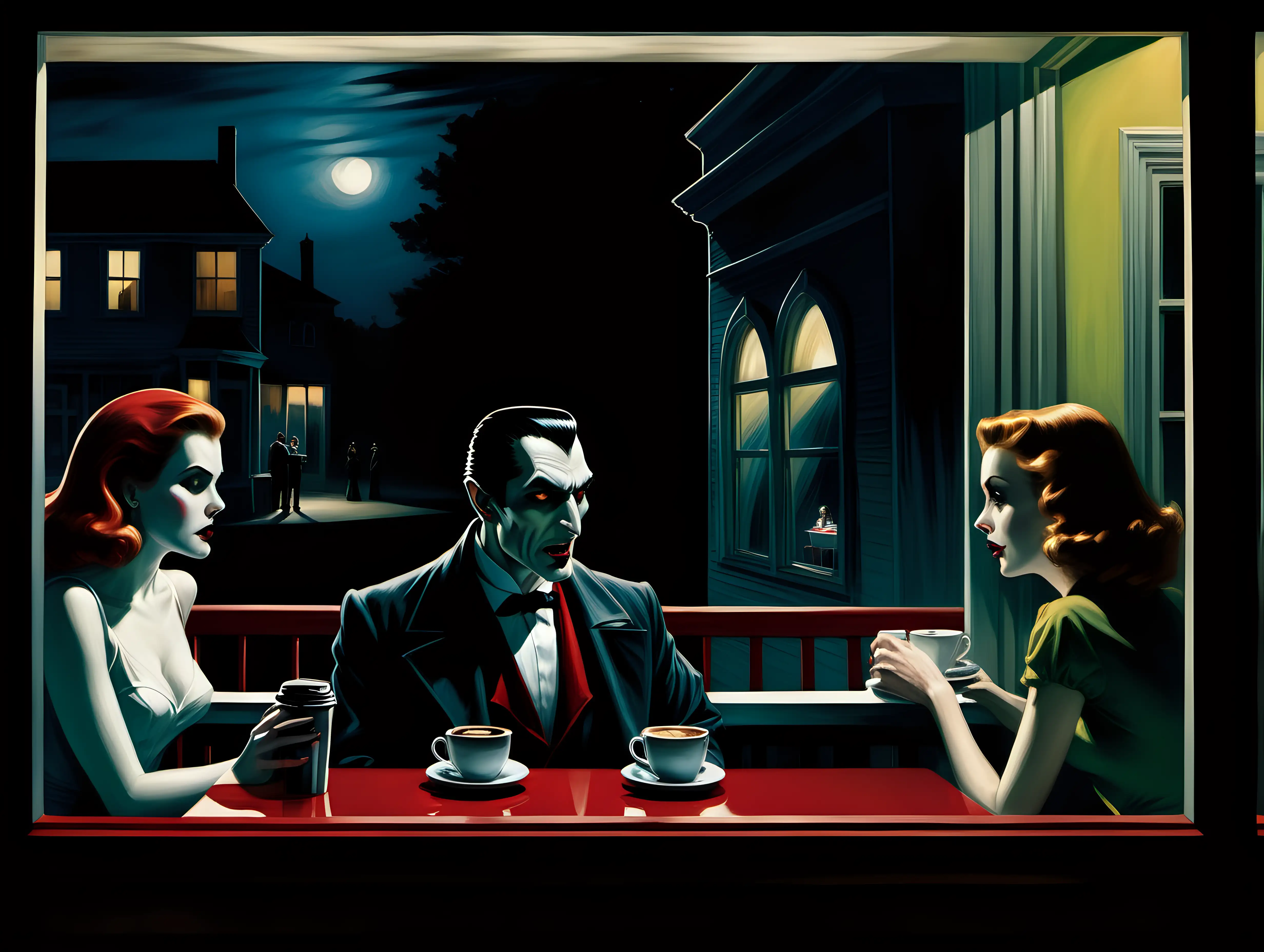 Nocturnal Encounter Dracula Observes Nightly Coffee Date in Edward Hopper Style