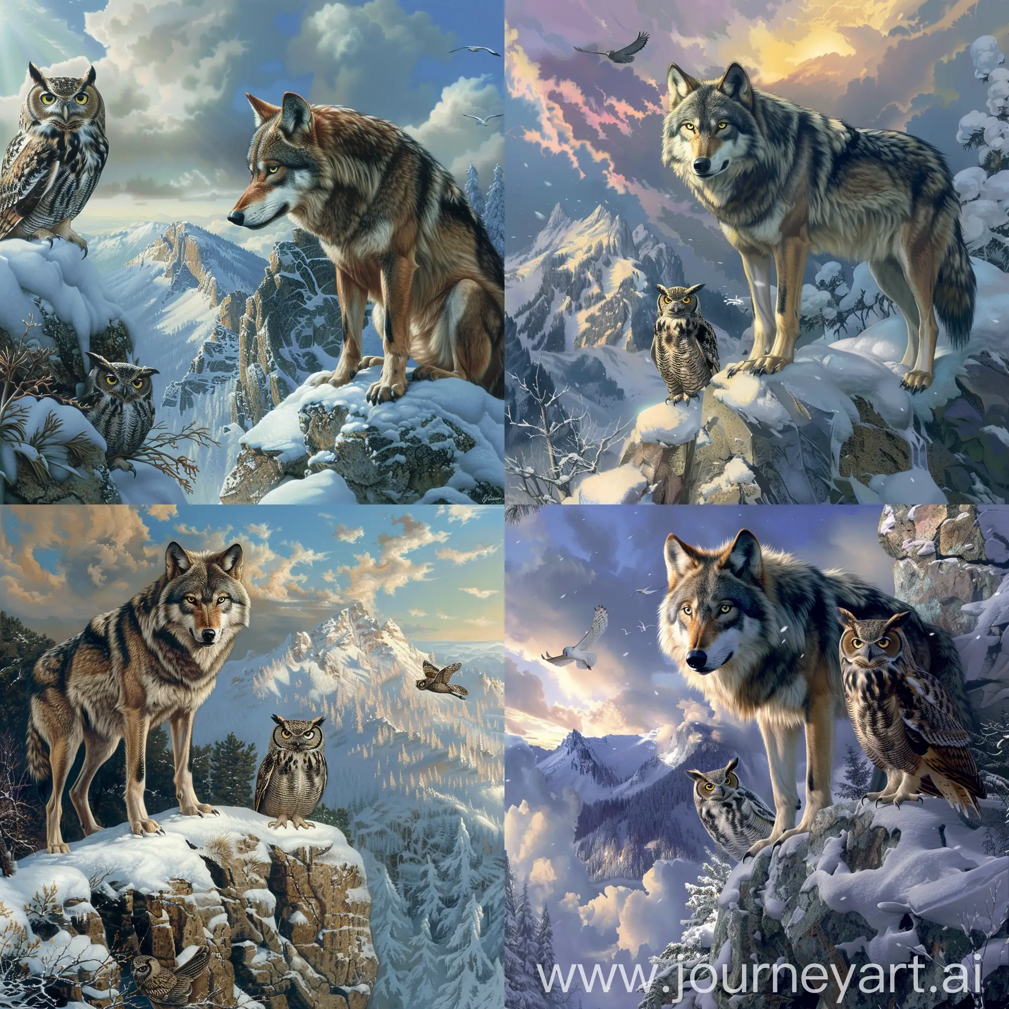 Majestic-Wolf-and-Owl-Encounter-in-Snowy-Mountain-Landscape