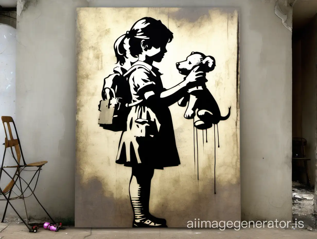 girl holding a toy in a war scenar - Banksy Art