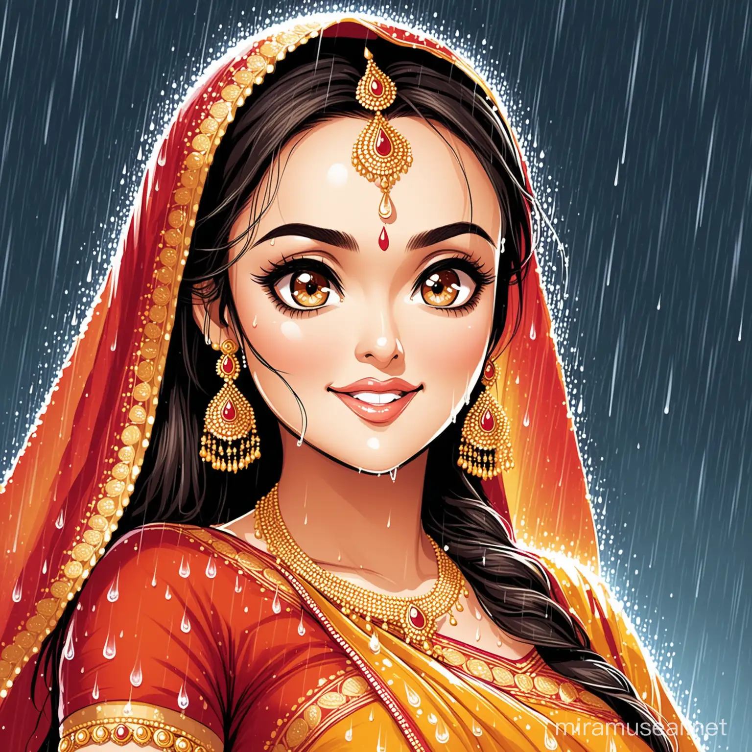 Preety Zinta wearing saree with big gold earing dancing in the rain.Caricatures.big head, long nose sexy lips big eyes