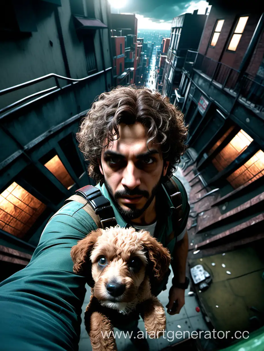 Carlos Oliveira from Resident Evil 3 remake 2020, with the original curly hair and beard, looks at the top with puppy eyes into the camera, as in popular photos, in one of the locations of the game. the effect of the photo, as if it was shot on a fisheye lens FROM ABOVE