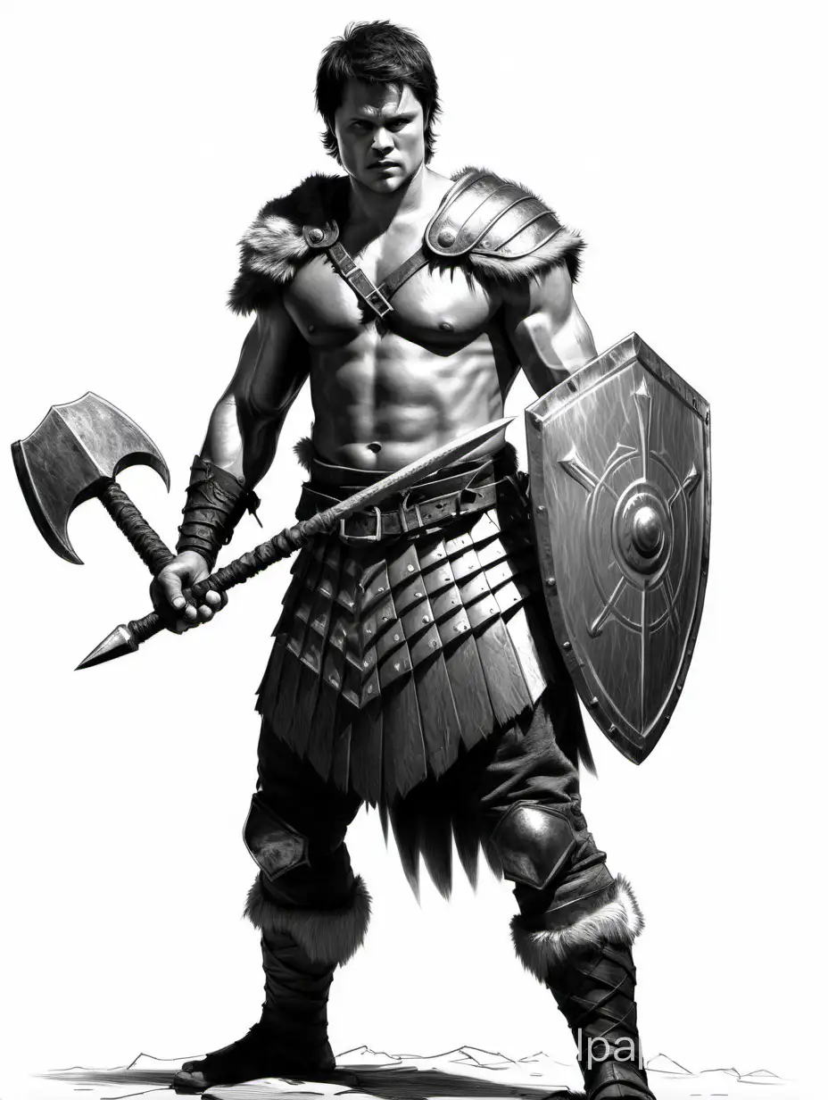 Danila Kozlovsky, warrior barbarian, stylish haircut, black and white sketch, Battle Hammer, shield, light armor, full height, white background