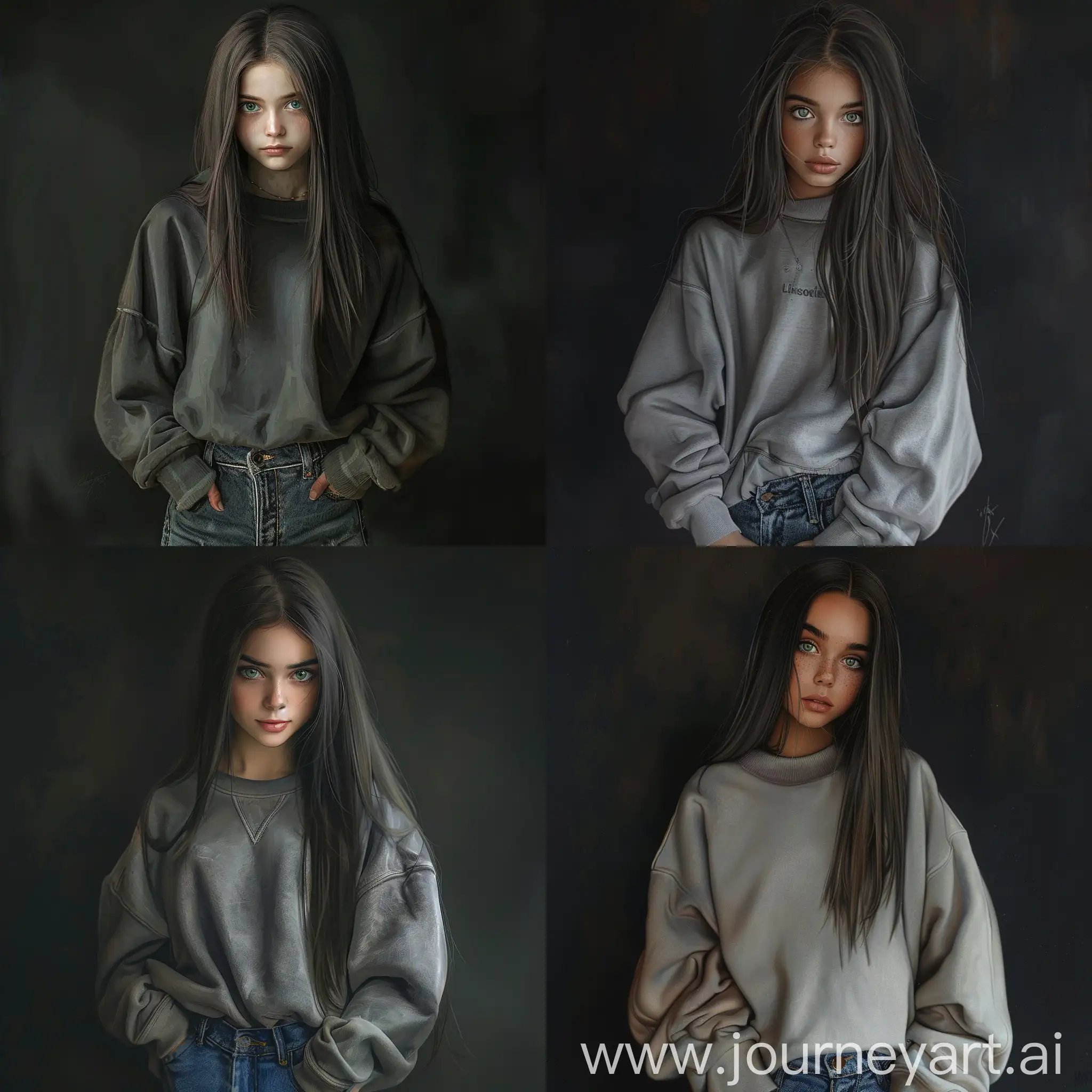 Beautiful girl, straight dark brown hair, gray-green eyes, white skin, soft facial features, teenager, 15 years old, dressed in jeans and oversize sweatshirt, high quality, high detail, dark background, realistic art