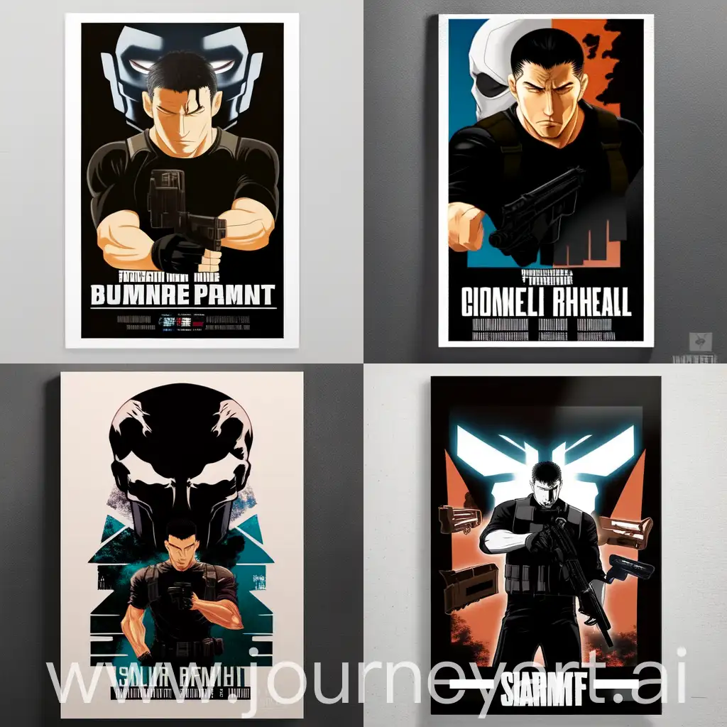 2D anime poster of jon bernthal the punisher as a 50 years old wear black bulletproof vest level 6 with the punisher skull symbol and long black shirt  ,yusuke murata artstyle , anime one punsh man anime art style , mappa studio animation style