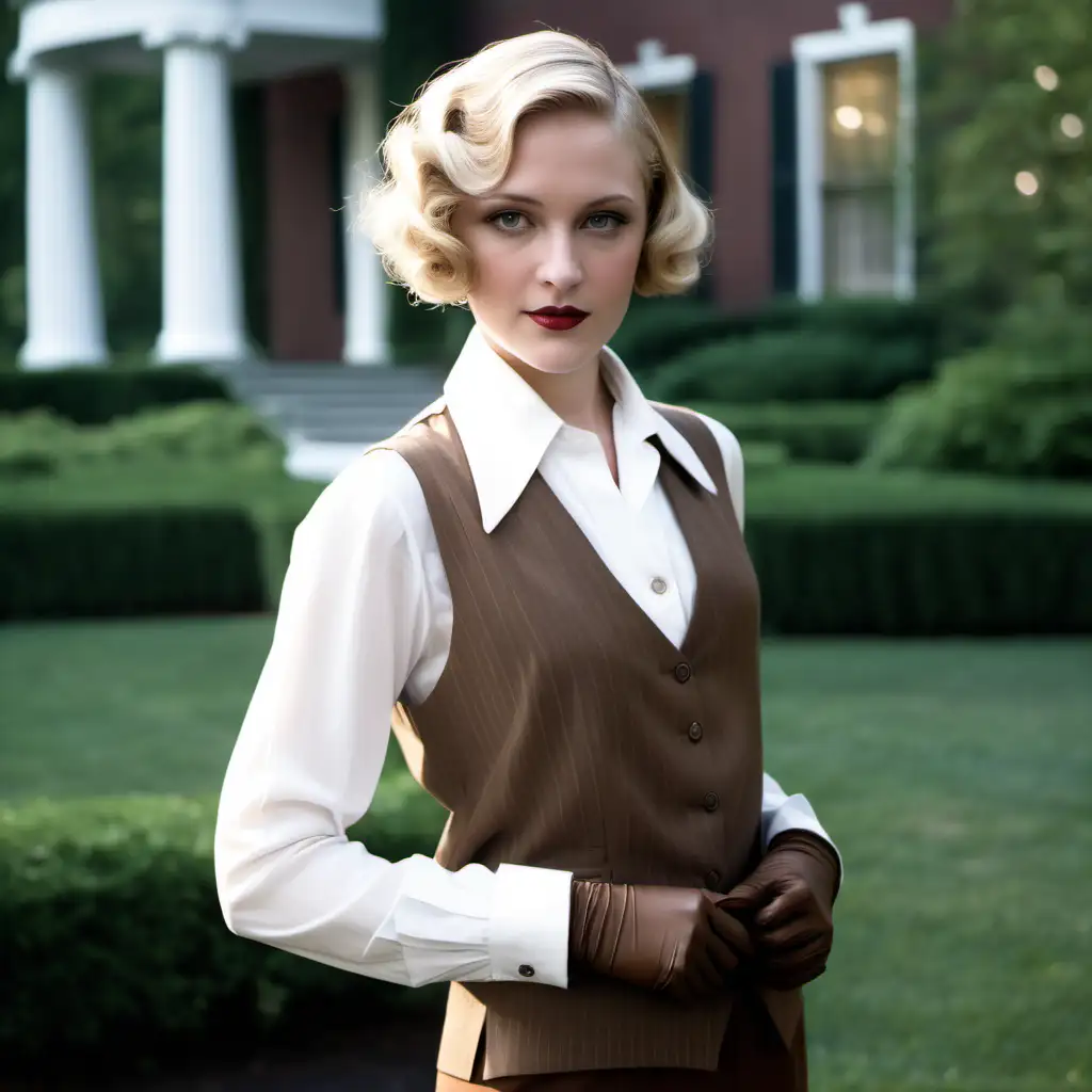 full colour image, 1920s, beautiful blonde woman, short blonde hair side parting, elegant brown trousers, elegant brown vest, white shirt, white shoes, white gloves, westchester mansion, day