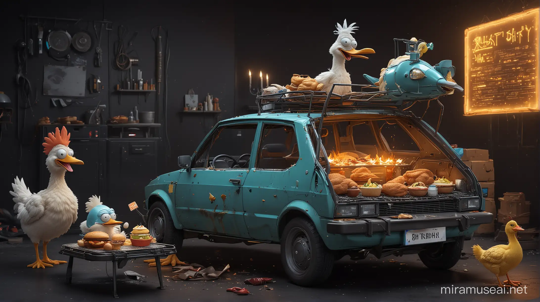 generate a happy birthday card for a automotive enthusiast with a little bit of cyberpunk and rick and morty and fried chicken and ducks and chicken on oven and eggs on a pan and seat leon car on a dark background

