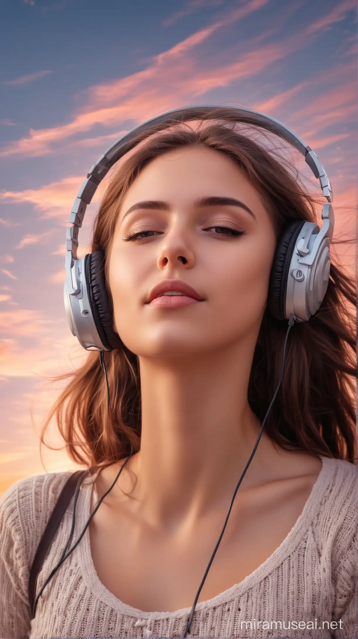 Dreamy Girl in Love Listening to Music Under the Sky