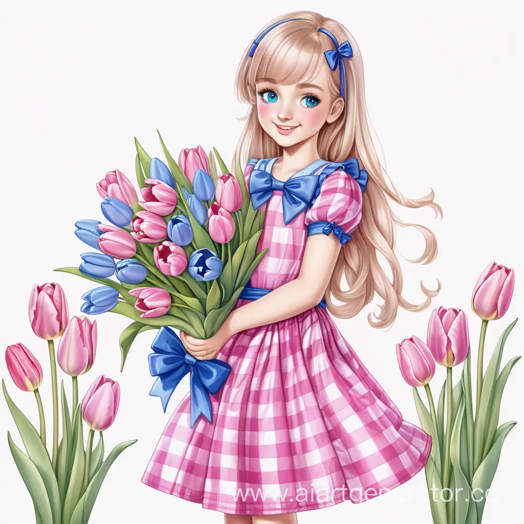 девочка в клетчатом розовом платье, голубые глаза, голубой бантик в волосах, с букетом в тюльпанов, улыбается, на белом фоне, рисунок, в полный рост