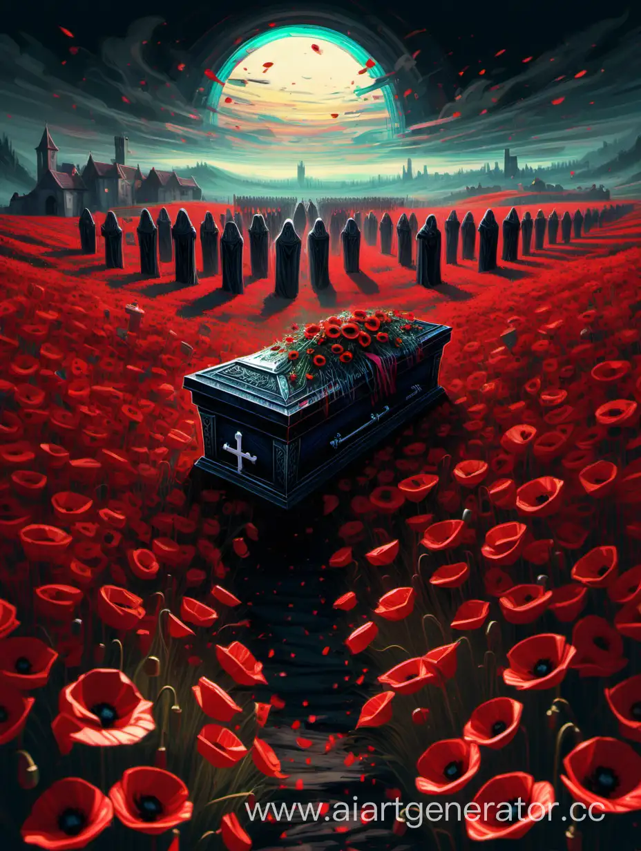 the artwork depicts a funeral, set in a medieval fantasy universe, in fields of poppies. This is the burial of a hero. The artwork is influenced by glitch art, the coffin is glitching through.