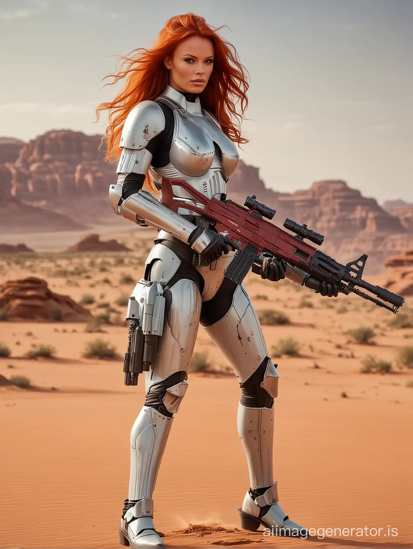 Young Pamela Anderson. Full body sexy woman riding a monster. Very long red hair. Full stormtrooper armor and laser rifle. Star Wars desert background with Mandalorian and Yoda