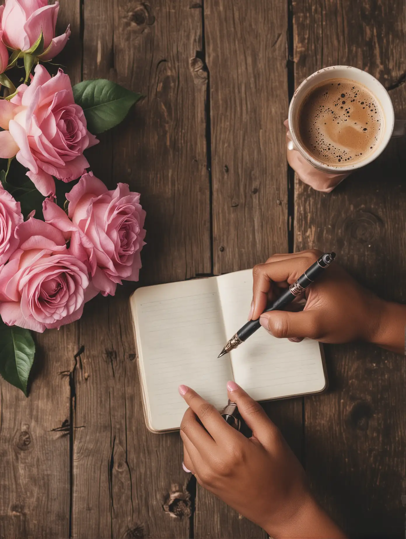 hands of a black women, holding a beautiful pen, writing in a blank journal, on top of a rustic wood table with pink roses, a cup of coffee