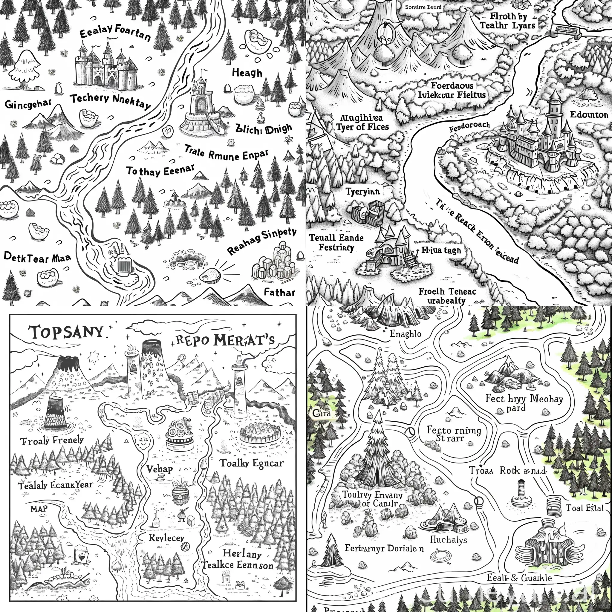  1. "Generate a black and white enchanting kingdom map suitable for kids to explore and color." 2. "Include prominent features like 'Floss Forest,' 'Toothpaste River,' and 'Healthy Eating Highlands.'" 3. "Ensure the map has whimsical illustrations suitable for coloring." 4. "Label each element clearly to prevent confusion."
