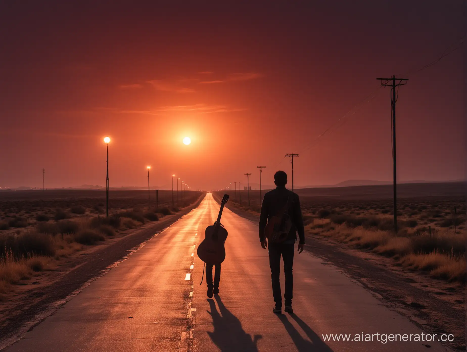 Solitary-Guitarist-Strolling-Down-Deserted-Road-at-Sunset