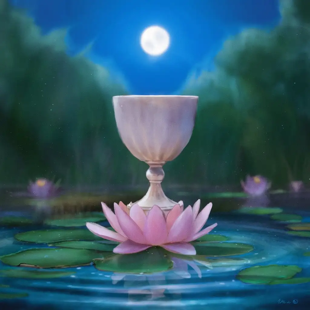 Tranquil Night Scene Chalice on Water Lily Pond under Full Moon