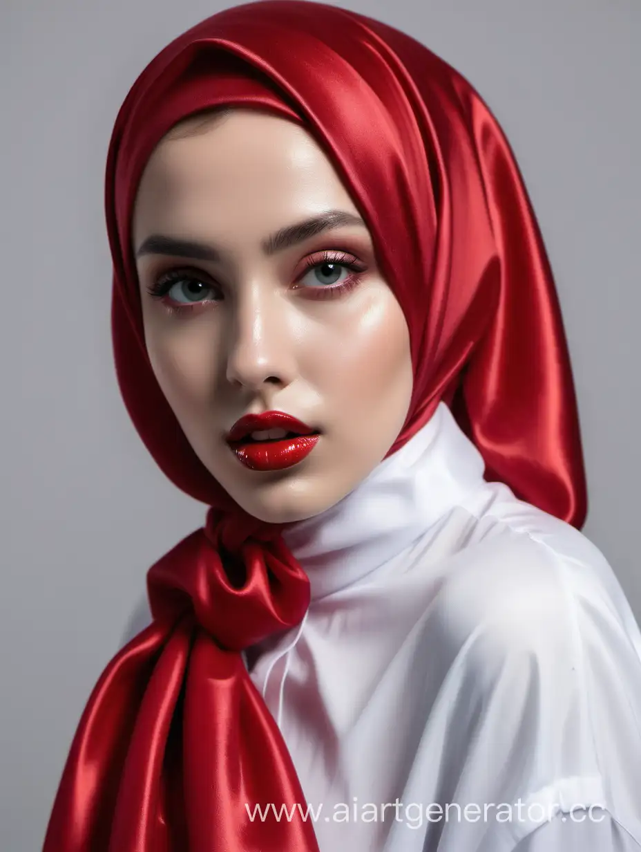 девушка в белой рубашке в мокром атласном хиджабе красного цвета с пышными губами