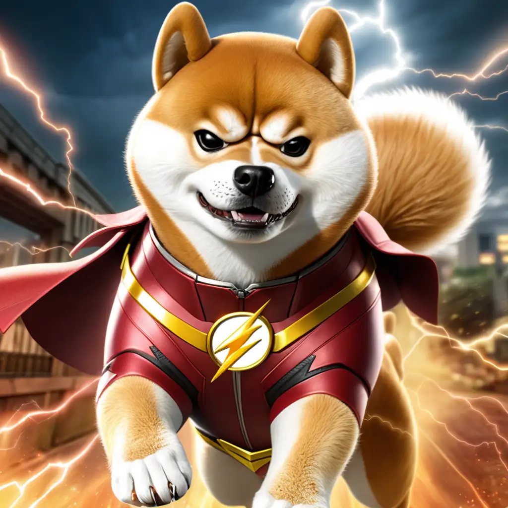 Can you create a angry looking Shiba Inu with a DC the Flash outfit

