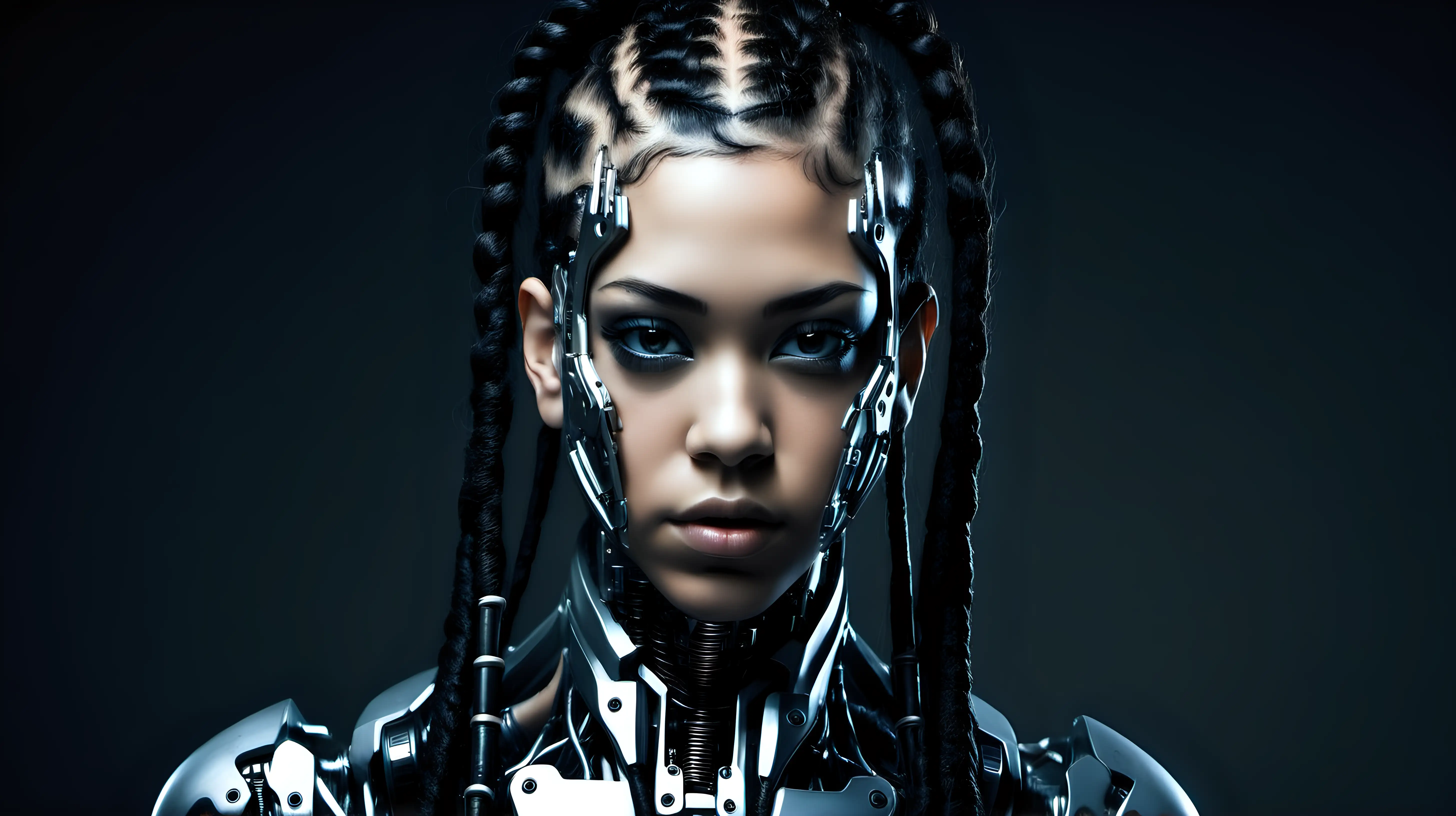 Cyborg woman, 18 years old. She has a cyborg face, but she is extremely beautiful.  Wild hair. Dark braids.