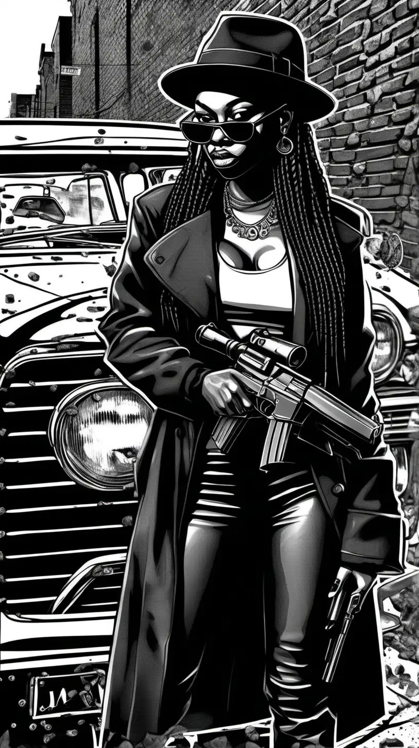 black and white poster, brick wall in the background, modern african american mafia young woman, with  hair braids like Brandy's, wearing a black fedora and  sunglasses and a long black coat, holding a gun next to her face,  her back turned to the viewer, only her side profile visible, with a vintage mob mafia black car in the background, a lot of background visible, small figure, bullet holes in the car, girl visible from head to toe, wearing black boots. 