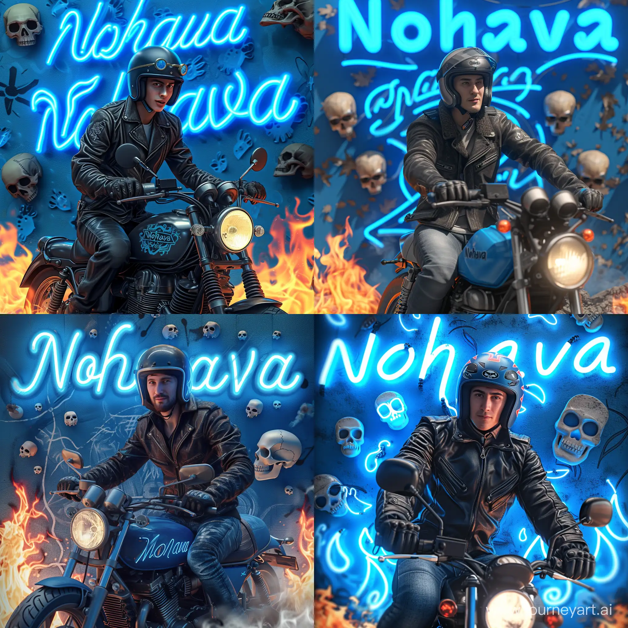Create a 3D illusion for a profile picture where a 23-year-old cool guy in a leather jacket is riding a RX100. Wearing gloves and a helmet, he looks adventurous and daring. The background features his stylish name “Nohava” in big and capital blue neon light fonts on a blue wall. There are also flames and skulls to make it appear as if he is a rebel.