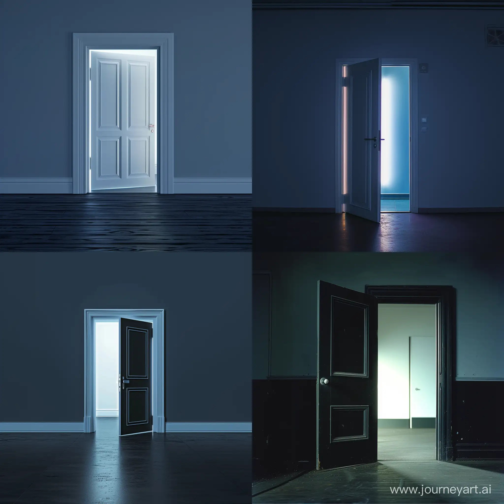 an opening door with a white light visible behind it