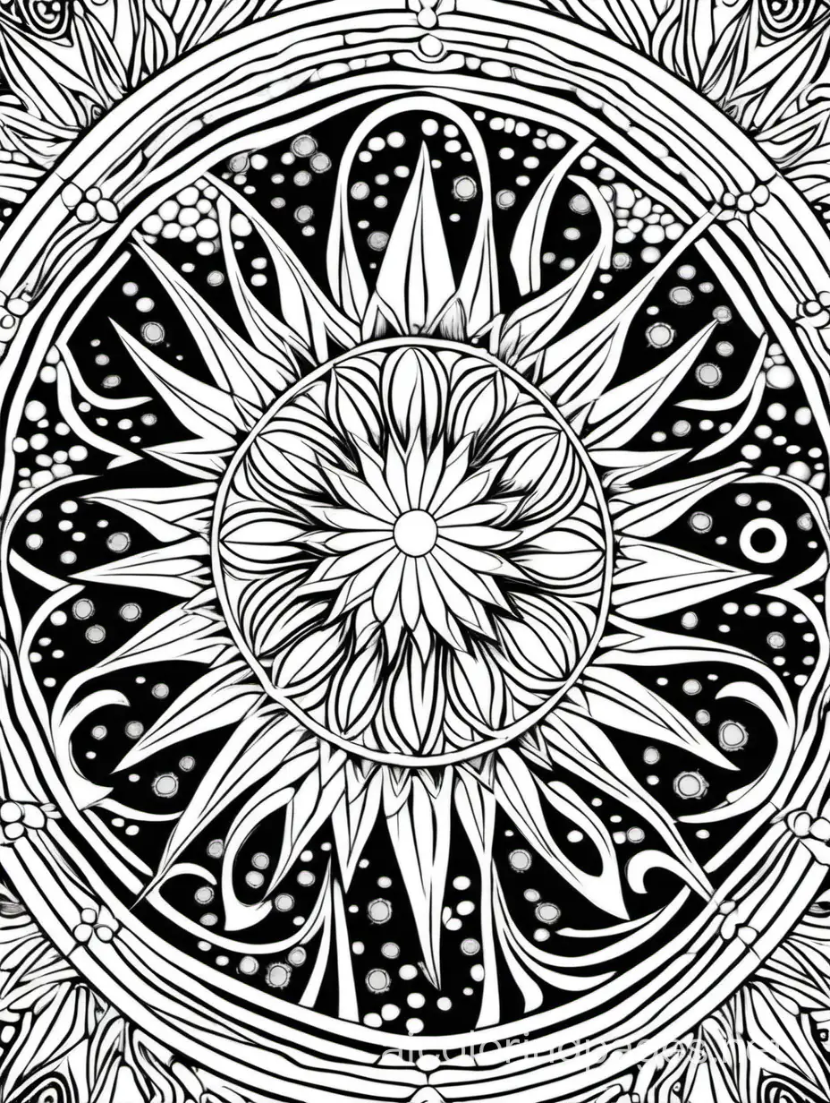 fine line art coloring page, black and white,  with a mandala background and with multiple suns, Coloring Page, black and white, line art, white background, Simplicity, Ample White Space. The background of the coloring page is plain white to make it easy for young children to color within the lines. The outlines of all the subjects are easy to distinguish, making it simple for kids to color without too much difficulty