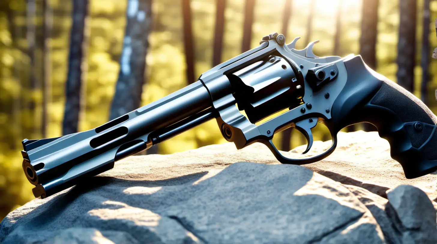 tactical revolver on rock in forest, sunny and bright background