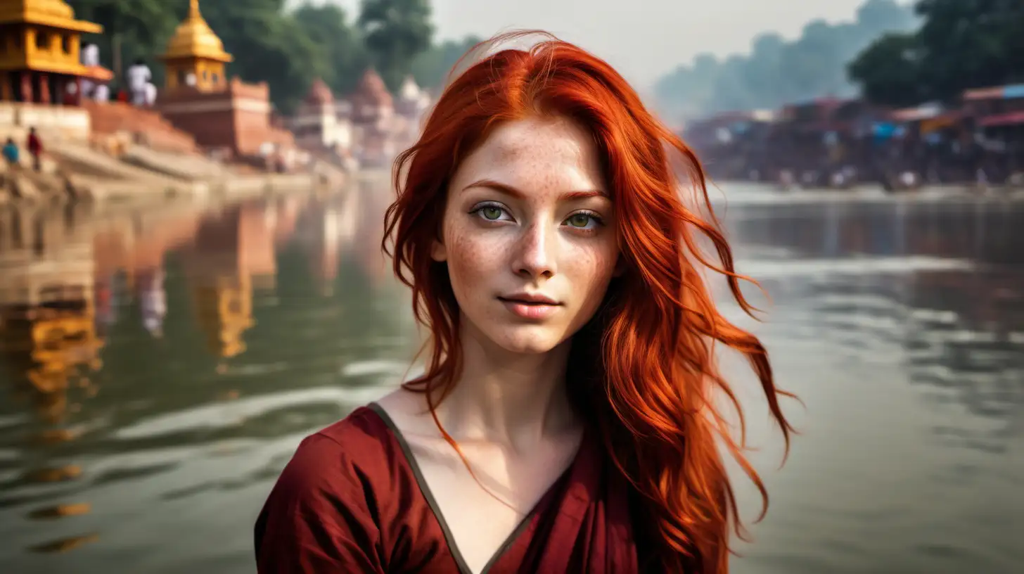 create a realistic image of the same beautiful young woman with her red hair down, as a Buddhist in India by the Ganges River, as if she had been transported in time