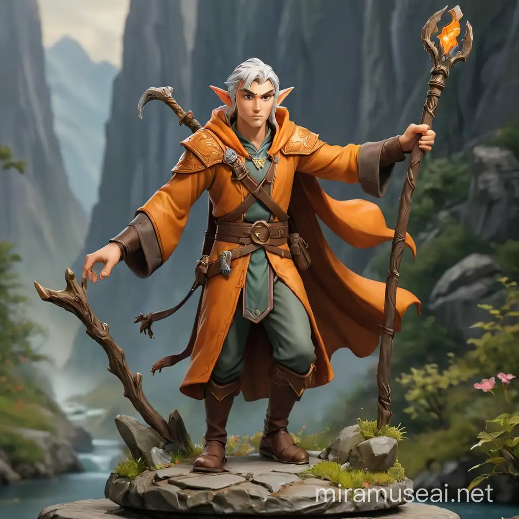 dnd character, highborn elf, wizard, male, table top miniature, mountain valley background, orange, holding staff, tall, young, 