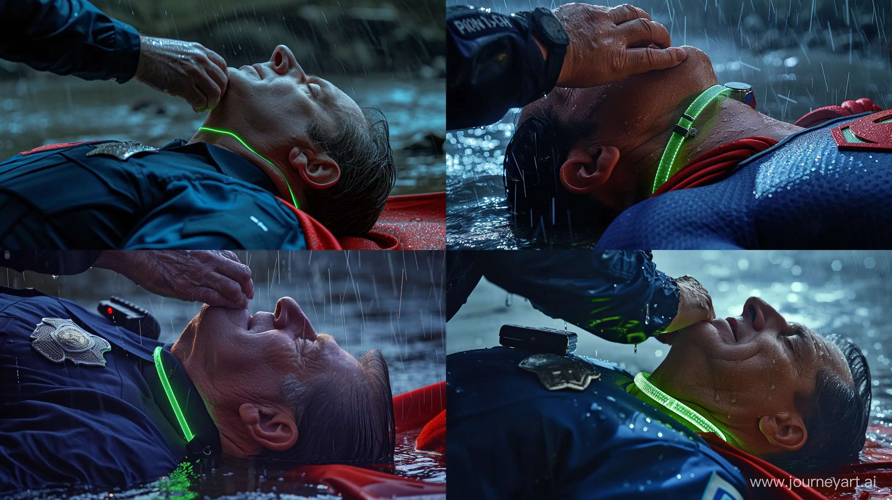 Close-up photo of a 100 kg man aged 60 wearing a navy silk police tactical uniform. Tightening a tight green glowing neon dog collar on the nape of a fat man aged 60 wearing a tight blue 1978 smooth superman costume with a red cape lying in the rain. Natural Light. River. --style raw --ar 16:9
