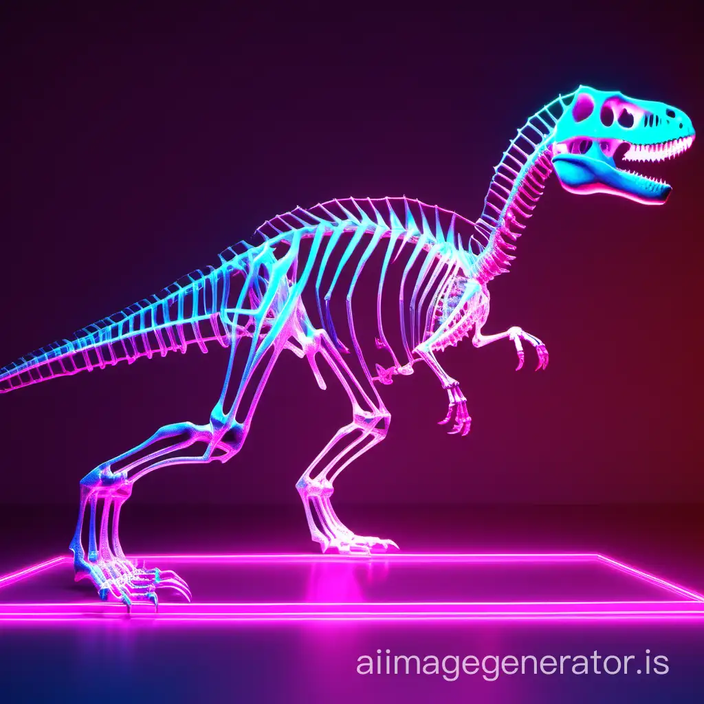 hologram of a triboluminescent dinosaur skeleton in a virtual neon outline environment