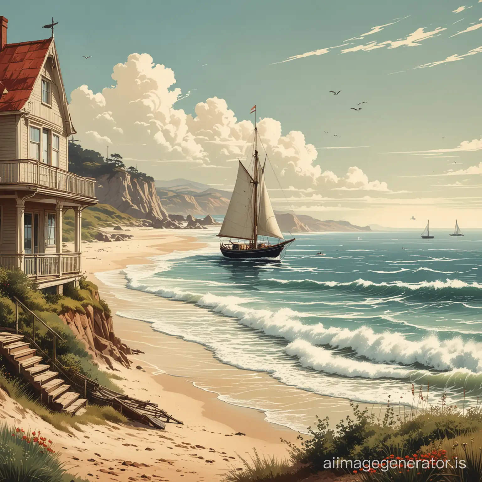 A 1920s beach vacation home, with a sea front to the right of the shot, a lonely sail boat stands tall in the sea, in the style of a slightly illustrated vintage poster, in the style of a communist poster