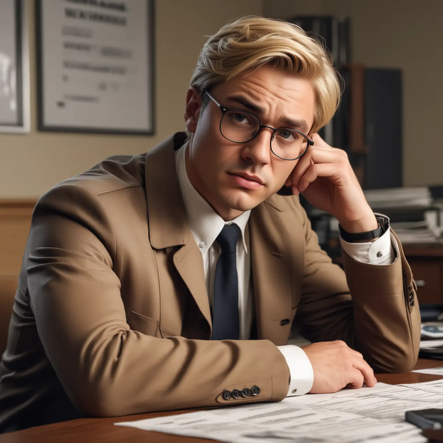 A human male, detective, worrying facial expression, blonde hair, glasses, sitting in a detective’s office, realistic
